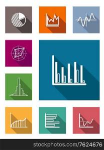 Color square flat icons with shadow for various types of diagrams as vertical and horizontal bars, pie and line chart, isolated on white background