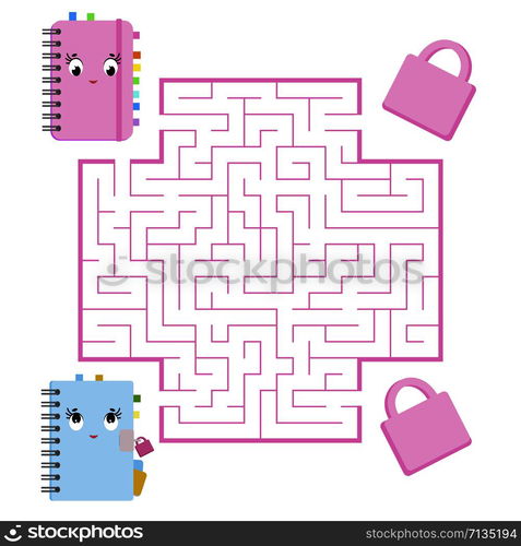 Color square maze. Game for kids. Puzzle for children. Help the cute notebooks to meet. Labyrinth conundrum. Flat vector illustration. Cartoon style. Color square maze. Game for kids. Puzzle for children. Help the cute notebooks to meet. Labyrinth conundrum. Flat vector illustration. Cartoon style.