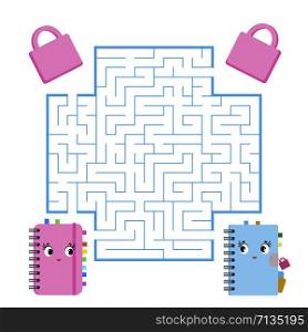 Color square maze. Game for kids. Puzzle for children. Help the cute notebooks to meet. Labyrinth conundrum. Flat vector illustration. Cartoon style. Color square maze. Game for kids. Puzzle for children. Help the cute notebooks to meet. Labyrinth conundrum. Flat vector illustration. Cartoon style.