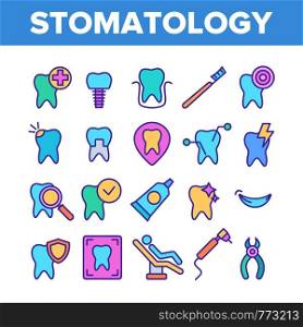 Color Stomatology And Dentistry Vector Linear Icons Set. Stomatology, Teeth Treatment And Oral Hygiene Outline Symbols Pack. Dentist Tools. Dental Implant, Tooth Cavity Isolated Contour Illustrations. Color Stomatology And Dentistry Vector Linear Icons Set