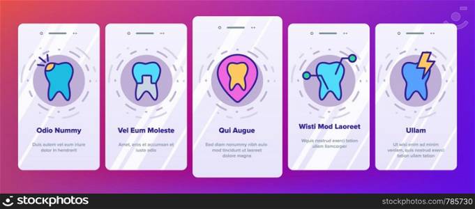 Color Stomatology And Dentistry Vector Onboarding Mobile App Page Screen. Stomatology, Teeth Treatment And Oral Hygiene Outline Symbols Pack. Dentist Tools. Dental Implant, Tooth Cavity Illustrations. Color Stomatology And Dentistry Vector Onboarding