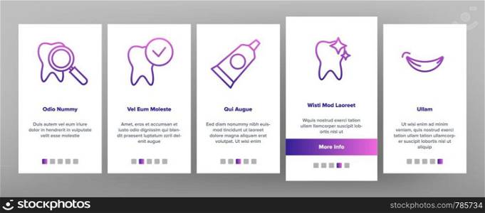 Color Stomatology And Dentistry Vector Onboarding Mobile App Page Screen. Stomatology, Teeth Treatment And Oral Hygiene Outline Symbols Pack. Dentist Tools. Dental Implant, Tooth Cavity Illustrations. Color Stomatology And Dentistry Vector Onboarding