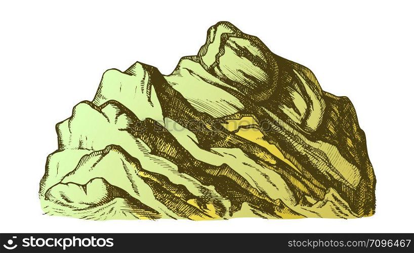 Color Summit Of Mountain Landscape Hand Drawn Vector. High Altitude Mountain Rock Peak Quiet Place For Extreme Sport, Expedition Concept. Pencil Designed Template Illustration. Color Summit Of Mountain Landscape Hand Drawn Vector