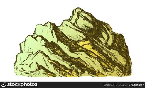 Color Summit Of Mountain Landscape Hand Drawn Vector. High Altitude Mountain Rock Peak Quiet Place For Extreme Sport, Expedition Concept. Pencil Designed Template Illustration. Color Summit Of Mountain Landscape Hand Drawn Vector