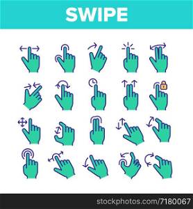 Color Swipe Gesture Touches Vector Linear Icons Set. Touchscreen Swipe Gesturing Outline Cliparts. Drag Finger In Various Directions Pictograms Collection. Using Sensory Devices Illustration. Color Swipe Gesture Touches Vector Linear Icons Set