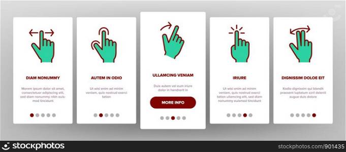 Color Swipe Gesture Touches Vector Onboarding Mobile App Page Screen. Touchscreen Swipe Gesturing. Drag Finger In Various Directions Pictograms Collection. Using Sensory Devices Illustration. Color Swipe Gesture Touches Vector Onboarding