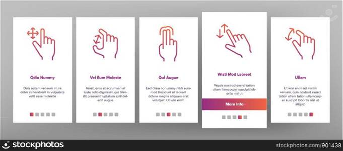 Color Swipe Gesture Touches Vector Onboarding Mobile App Page Screen. Touchscreen Swipe Gesturing. Drag Finger In Various Directions Pictograms Collection. Using Sensory Devices Illustration. Color Swipe Gesture Touches Vector Onboarding