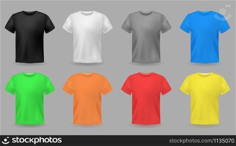 Color t-shirt mockups. Design colorful textile fabric apparel for men and teenagers fashion casual clothes vector set. Color t-shirt mockups. Design colorful textile fabric apparel for men and teenagers clothes vector set