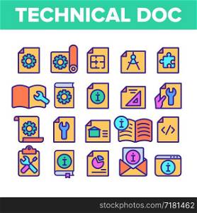 Color Technical Documentation Thin Line Icons Set Vector. Collection Of Technical Documentation Linear Pictograms. Plan, Instruction, Blueprint And Manual Contour Illustrations. Color Technical Documentation Thin Line Icons Set Vector