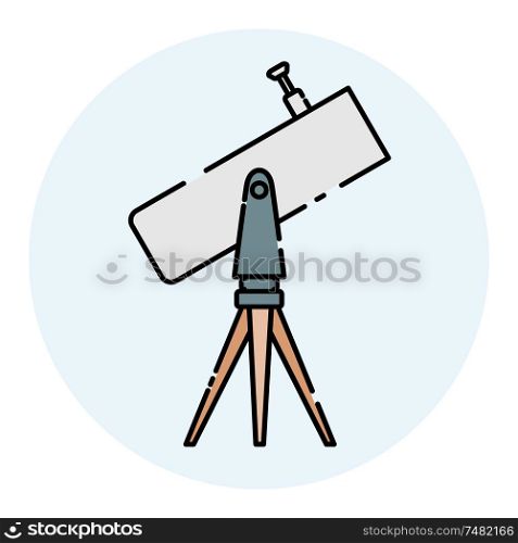 Color telescope on the tripod looks to the sky. Linear color icon. Isolated on white background. Vector illustration.