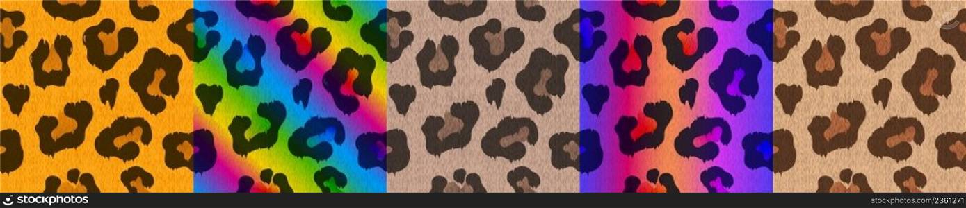 Color textures of leopard skin with spots. Vector set of seamless patterns with cheetah fur with rainbow gradient. Wild african cat skin print for textile or game design. Color textures of leopard skin with spots