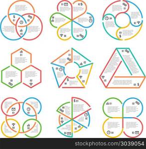 Color thick line circle, triangular, hexagonal, pentagonal infographics business outline charts diagrams graphs vector templates set. Color thick line circle, triangular, hexagonal, pentagonal infographics business outline charts diagrams graphs templates. Set of colored banner with information. Vector illustration