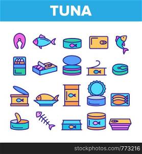 Color Tuna, Fish Products Vector Linear Icons Set. Raw, Cooked And Canned Tuna Outline Symbols Pack. Fresh Uncooked And Prepared Seafood. Fish Steak, Sea Food Isolated Contour Illustrations. Color Tuna, Fish Products Vector Linear Icons Set