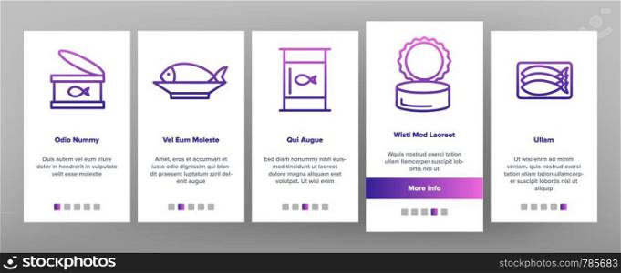Color Tuna, Fish Products Vector Onboarding Mobile App Page Screen. Raw, Cooked And Canned Tuna Outline Symbols Pack. Fresh Uncooked And Prepared Seafood. Fish Steak, Sea Food Illustrations. Color Tuna, Fish Products Vector Onboarding