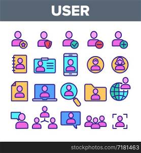 Color User Sign Thin Line Icons Set Vector. Management, Human Resource, Business Person And User Linear Pictograms. Smartphone, Badge And Internet Account Profile Contour Illustrations. Color User Sign Thin Line Icons Set Vector