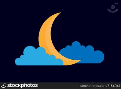 Color vector drawing of a quarter moon in the clouds on the night dark blue sky.