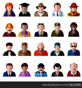 Color vector flat icon set. Different people character: female, male, prisoner, police officer, girl, grandmother, grandfather, student, businessman, housewife, military, judge, sherff, fireworker etc