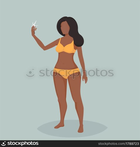 Color vector flat style illustration. A girl makes selfie using a mobile phone. Beautiful modern girl posing for a photo. Fashion girl is taking photo for social media. A girl makes selfie using a mobile phone.