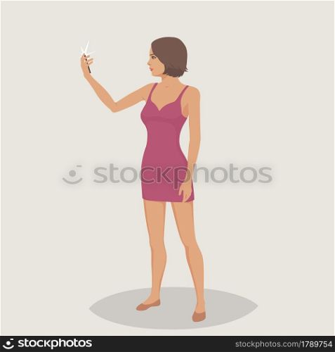 Color vector flat style illustration. A girl makes selfie using a mobile phone. Beautiful modern girl posing for a photo. Fashion girl is taking photo for social media. A girl makes selfie using a mobile phone.