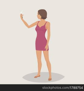 Color vector flat style illustration. A girl makes selfie using a mobile phone. Beautiful modern girl posing for a photo. Fashion girl is taking photo for social media. A girl makes selfie using a mobile phone.