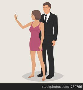 Color vector flat style illustration. A girl makes selfie using a mobile phone. Beautiful modern girl posing for a photo. Fashion girl is taking photo for social media. A girl makes selfie using a mobile phone.