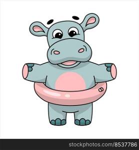 Color vector illustration of a cute hippo in a swimming circle