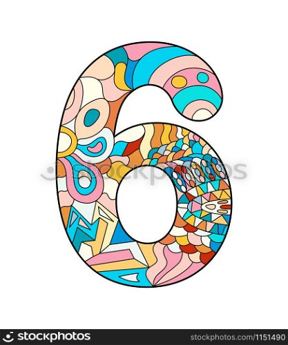 Color vector illustration of the number six in the style of Zentangle. Filled color contour isolated on white background.