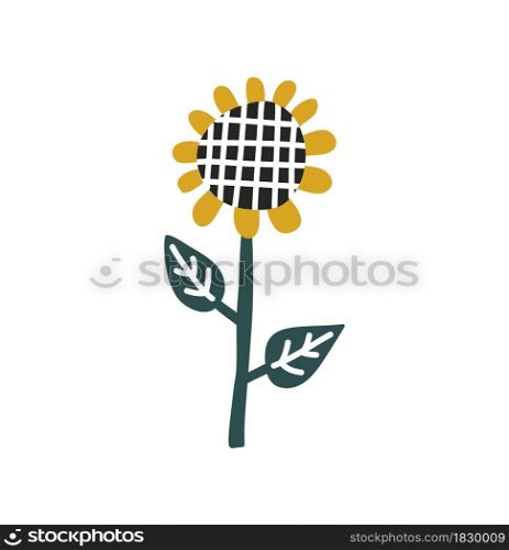 Color vector illustration with sunflower and green leaves on white background. Postcard and logo ideas. Doodle scandinavian style. Good for printing design.. Color vector illustration with sunflower and green leaves on white background. Postcard and logo ideas. Doodle scandinavian style. Good for printing design