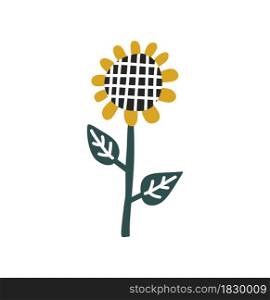 Color vector illustration with sunflower and green leaves on white background. Postcard and logo ideas. Doodle scandinavian style. Good for printing design.. Color vector illustration with sunflower and green leaves on white background. Postcard and logo ideas. Doodle scandinavian style. Good for printing design