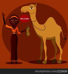 Color vector of a bedouin woman walking, leading a camel. - Illustration