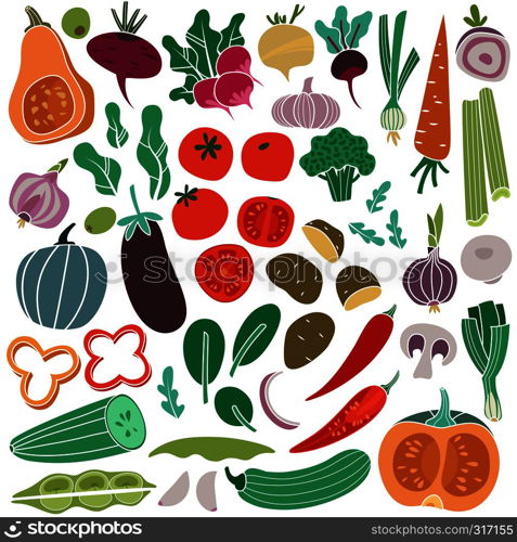 Color vegetables hand drawn. Carrot onion cucumber tomato potato eggplant. Vegan healthy meal organic food vegetable isolated. Color vegetables hand drawn. Carrot onion cucumber tomato potato eggplant. Vegan healthy meal food vegetable isolated