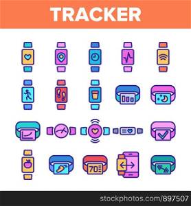 Color Watch Tracker Elements Icons Set Vector Thin Line. Different Activity Fitness Tracker Electronic Device For Sportsman Linear Pictograms. Illustrations. Color Watch Tracker Elements Icons Set Vector