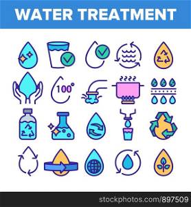 Color Water Treatment Signs Icons Set Vector Thin Line. Water Healthy Drop With Mark Of Purity And Recycle, World And Plant Linear Pictograms. Illustrations. Color Water Treatment Signs Icons Set Vector