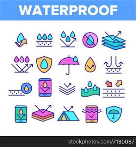 Color Waterproof, Water Resistant Materials Vector Linear Icons Set. Waterproof, Surface Protection Outline Cliparts. Hydrophobic Fabric Pictograms Collection. Anti Wetting Material Illustration. Color Waterproof, Water Resistant Materials Vector Linear Icons Set