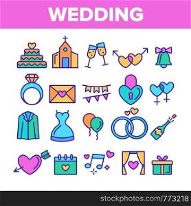 Color Wedding And Engaging Vector Linear Icons Set. Wedding Traditional Ceremony Outline Symbols Pack. Engagement Rings, Festive Cake, Bride Dress, Champagne Bottle Isolated Contour Illustrations. Color Wedding And Engaging Vector Linear Icons Set