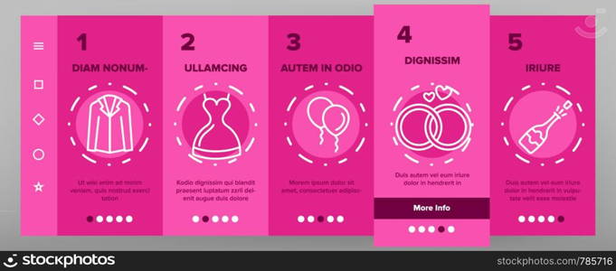 Color Wedding And Engaging Vector Onboarding Mobile App Page Screen. Wedding Traditional Ceremony Outline Symbols Pack. Engagement Rings, Festive Cake, Bride Dress, Champagne Bottle Illustrations. Color Wedding And Engaging Vector Onboarding