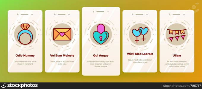 Color Wedding And Engaging Vector Onboarding Mobile App Page Screen. Wedding Traditional Ceremony Outline Symbols Pack. Engagement Rings, Festive Cake, Bride Dress, Champagne Bottle Illustrations. Color Wedding And Engaging Vector Onboarding