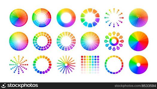 Color wheel circles. Mix of concentric round shapes with bright colors, abstract isolated set of colorwheel elements, spectrum charts with vivid palette. Vector illustration. Multicolor sections. Color wheel circles. Mix of concentric round shapes with bright colors, abstract isolated set of colorwheel elements, spectrum charts with vivid palette. Vector illustration