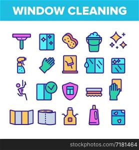 Color Window Cleaning Sign Icons Set Vector Thin Line. Wiper Blade And Sponge, Handgear And Washing Agent Spray Cleaning Equipments Linear Pictograms. Concept Illustrations. Color Window Cleaning Sign Icons Set Vector