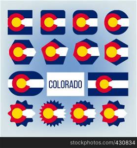 Colorado State Various Shapes Vector Flags Set. Colorado Official Emblems Icons Collection. Circle, Square, Rectangle Ensign Pack. United States Of America Country Symbols Flat Illustration. Colorado State Various Shapes Vector Flags Set