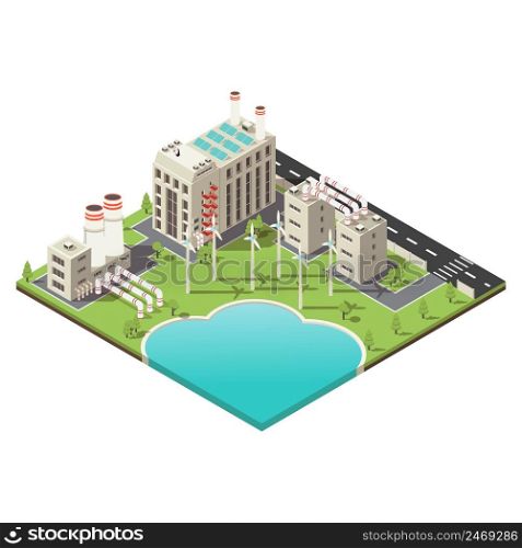 Colored 3 d factory territory isometric with windmills set and water body vector illustration. Colored Factory Territory Isometric