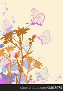 colored abstract floral background with chamomiles and butterflies