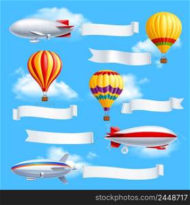 Colored advertising banners composition dirigible and air balloons with attached white fabric banners vector illustration. Advertising Banners Composition