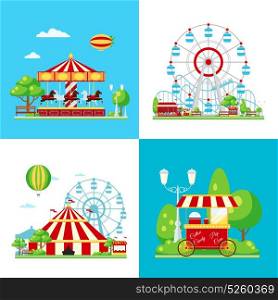 Colored Amusement Park Composition . Four square colored amusement park composition with ferris wheel carousel circus and ice cream van vector illustration