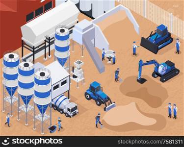Colored and flat concrete cement production isometric composition with workers on the production vector illustration
