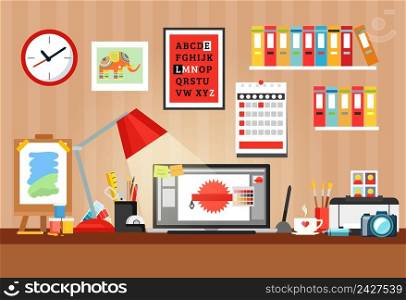 Colored and flat designer workplace composition with office space and table with attributes vector illustration. Designer Workplace Composition