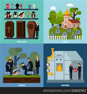 Colored and flat funeral services icon set with funeral agency cemetery crematorium descriptions vector illustration. Funeral Services Icon Set