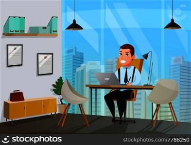 Colored and flat man in office illustration with businessman behind laptop in his office vector illustration. Man In Office Illustration
