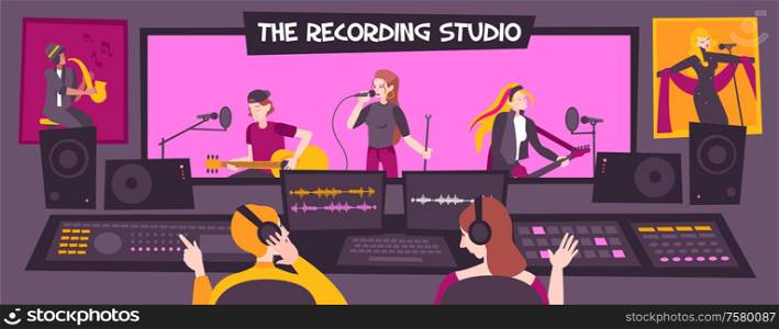 Colored and flat recording studio composition with the recording studio description group sings songs vector illustration