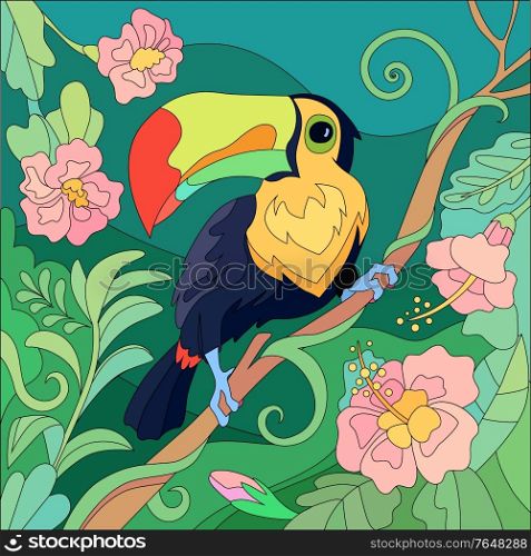 Colored and flat tropical bird toucan tropics composition with flowers and green leaves vector illustration